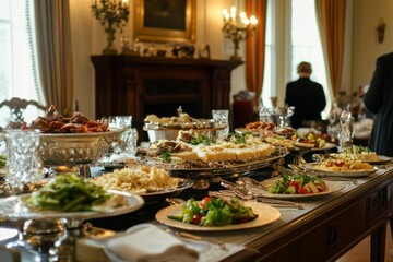 Elegant table, abundant food, silver platters, formal setting.