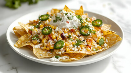 Loaded Street Corn Nachos with Cotija, Jalape&ntilde;os and Lime Crema, Mexican Appetizer Photography