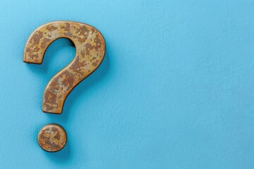 A rusty question mark painted on a blue background, suitable for use in educational or humorous contexts