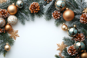 Christmas-themed flat lay with pine branches, golden ornaments, and snowflakes on a white background. Clean layout with space for text, perfect for holiday greetings