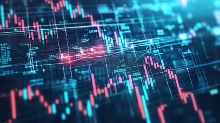 Abstract financial graph showing candlestick and bar charts for stock market analysis on a financial background