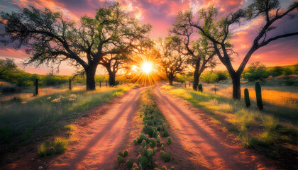 Obraz premium Majestic sunset illuminates a dirt road lined with trees and cacti, creating a breathtaking landscape.