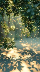 Obraz premium Glowing Greenery Ethereal Sunlit Leaves in Tranquil Forest Landscape Soft focus blurred background with natural light filtering through lush green foliage creating a peaceful