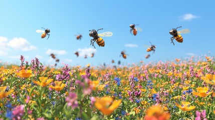 Robotic pollinators resembling futuristic bees flit around colorful flower fields in a biodiverse farm. AI-powered sensors track pollination activity, ensuring optimal crop reproduction.