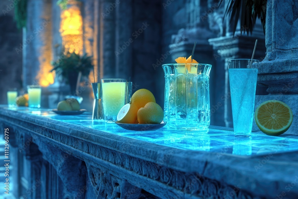 Poster a table with two glasses of water and oranges, perfect for a refreshing break