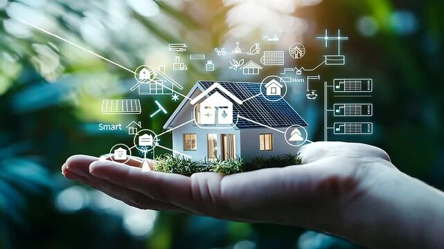 A miniature house on an open palm, surrounded by icons of renewable energy, insulation, and an energy efficiency scale, symbolizing cost-efficient and eco-friendly home design.