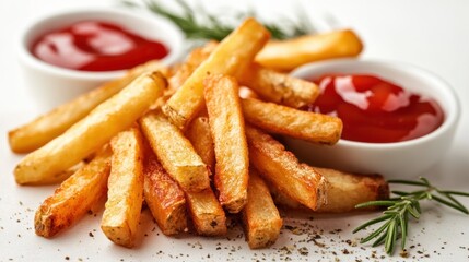 Golden crispy french fries served with ketchup on parchment paper, appetizing snack photography, delicious comfort food, fried potatoes, savory side dish