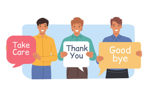Fototapeta Kind men show gratitude and say goodbye, holding speech bubbles with positive inscriptions. Positive guys with dialogue clouds with good-natured comments and thanks for cooperation for cooperation