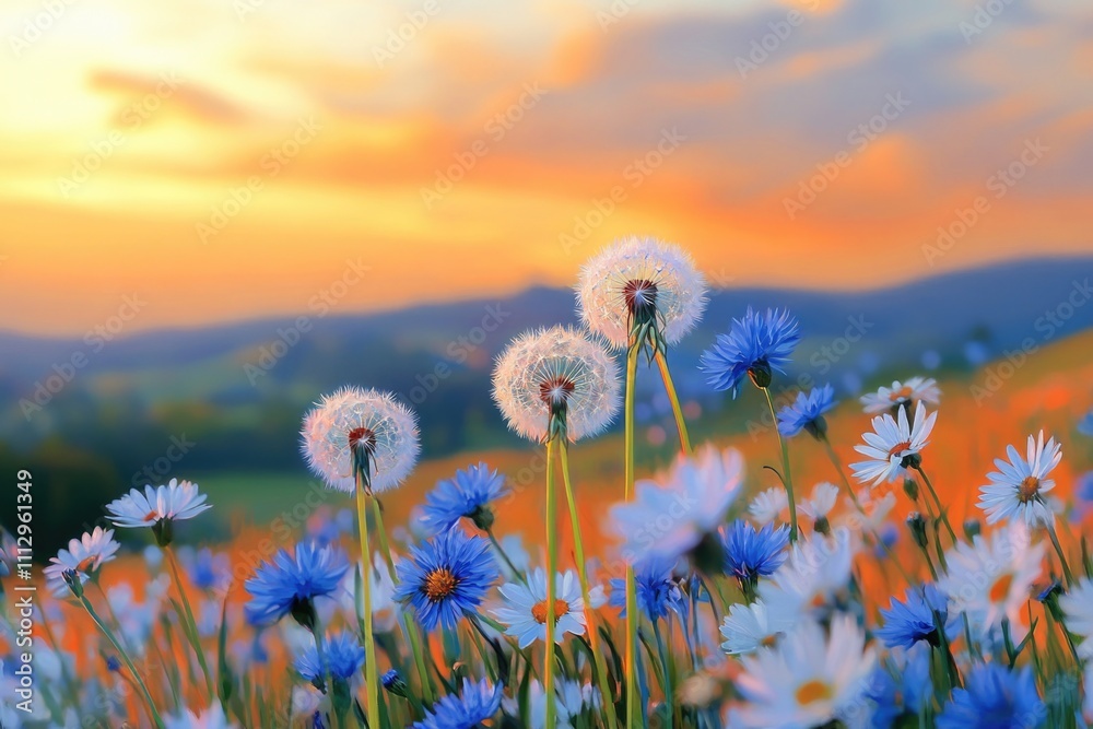 Poster a beautiful field of colorful flowers with a warm sunset in the background, ideal for use as a wallp