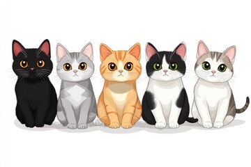 Fototapeta premium A group of domestic cats sitting side by side, showcasing feline companionship