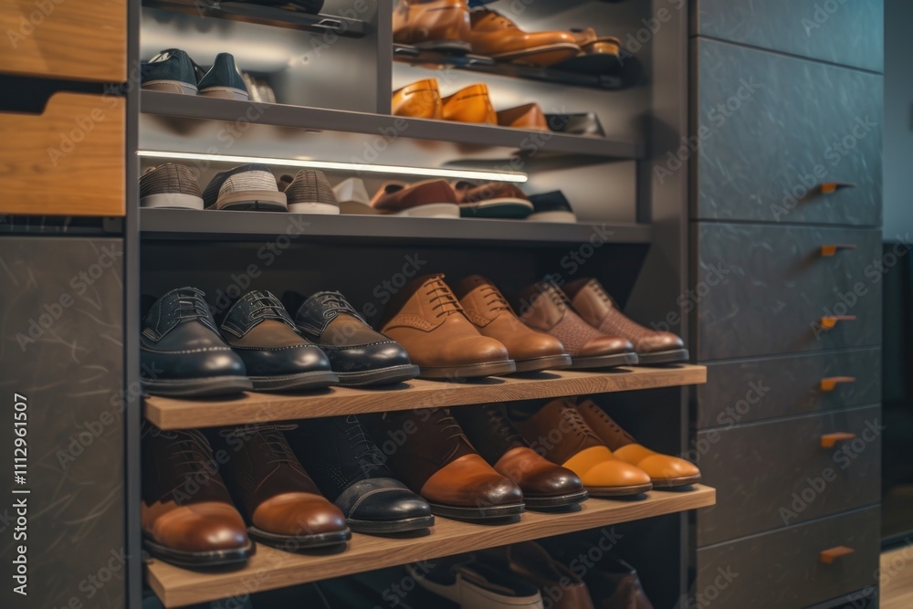 Poster a shoe rack filled with many different types of shoes
