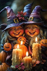 Fototapeta premium Two young witches sitting side by side, probably discussing their latest potions and spells