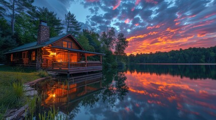 A peaceful evening at a lakeside cabin with the sky and water reflecting the vibrant colors of the sunset
