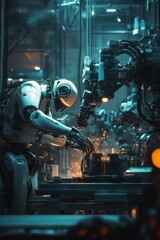 Fototapeta premium Robots collaborate, futuristic factory setting.