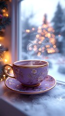 Fototapeta premium Artistic winter scene capturing the beauty of an elegant purple tea cup picture