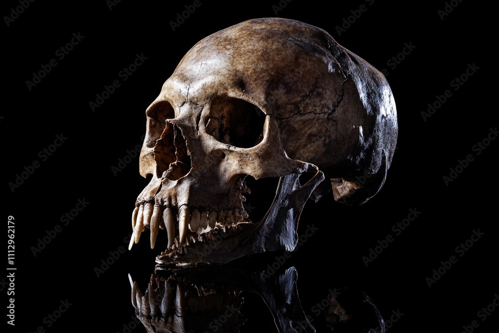 Poster a detailed image of a human skull reflected off a smooth surface, ideal for use in medical or hallow