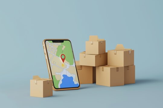 Smartphone displays location map with pin. Several cardboard boxes around. Online order tracking concept. Delivery service illustration. Shipment location tracking. Modern tech solution. Easy