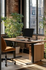 Sunlit office: wood desk, computer, chair, plants.