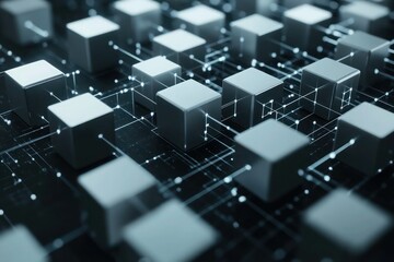 3D render of interconnected cubes and squares representing a blockchain system, set against a dark, digital gradient.