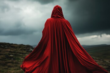 A person wearing a bright red cloak stands at the top of a hill, gazing out at the landscape
