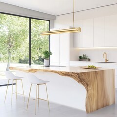 Minimalist Kitchen with Ash Wood Countertop and White Cabinetry