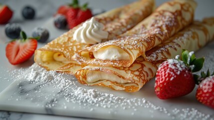 Artful crepes brimming with whipped ricotta, served with ripe strawberries on a luxurious marble countertop
