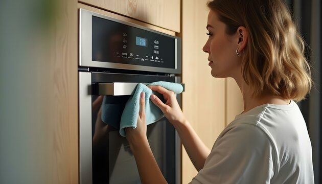 Mujer limpiando horno microondas moderno con pa&ntilde;o de microfibra