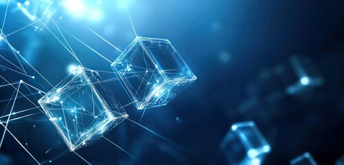 Abstract blockchain visualization with transparent cubes and thin network lines, set on a deep blue background.