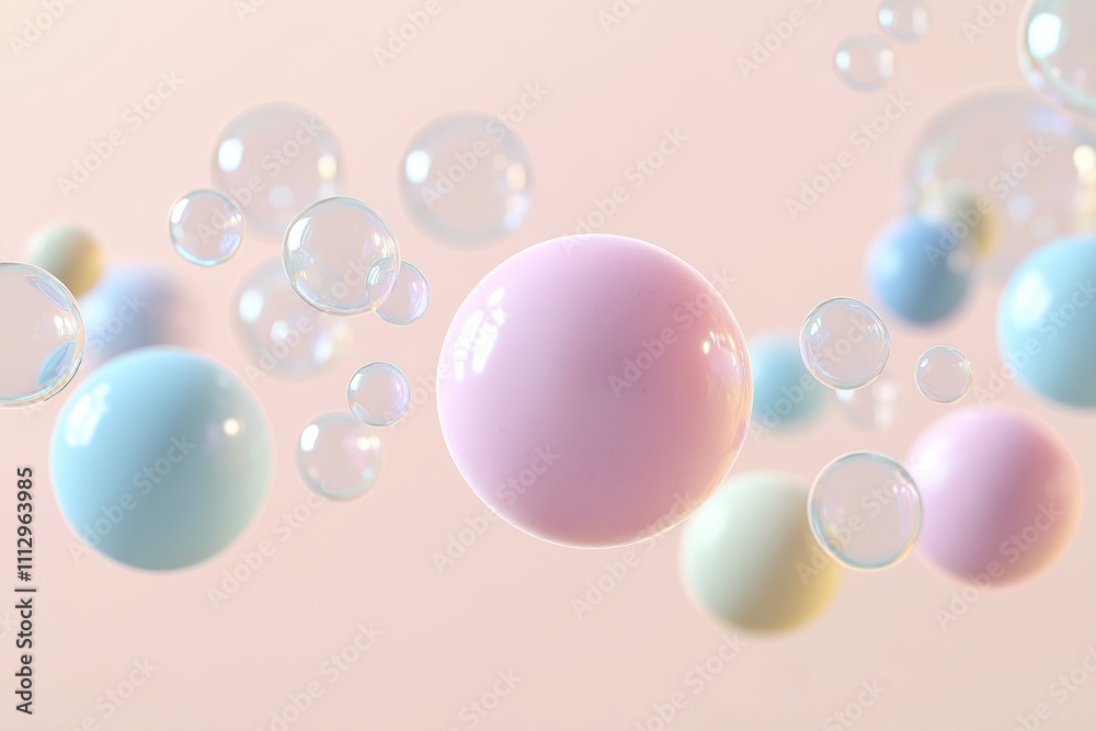Aufkleber Pastel balls, soap bubbles float on pastel background. Soft colours create cheerful abstract scene. 3D rendering shows spheres, bubbles in motion. Image evokes sense of light, fun. Image perfect for
