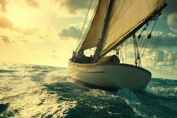 A sailboat gliding across the open ocean, with waves and sea spray