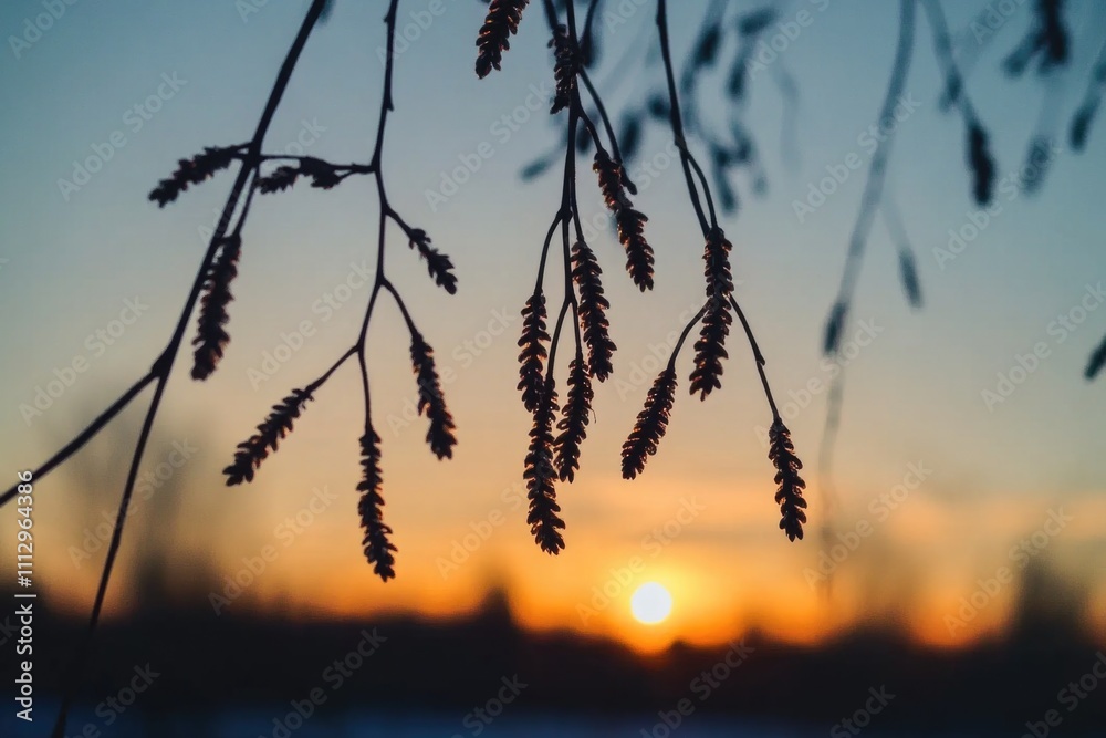 Poster A serene scene with the sun setting behind the branches of a tree