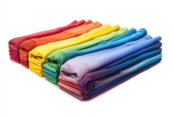 A colorful stack of rainbow-colored towels on a white surface