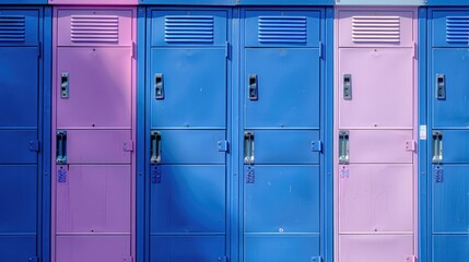 Rows of lockers in a school or office setting, featuring blue and pink colors
