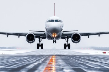 Naklejka premium A commercial airliner lifts off the ground at an airport, getting ready for departure