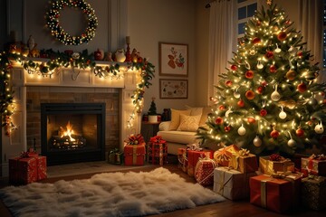 Christmas tree new year interior pine with gift decoration decor balls garlands