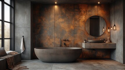 A beautifully designed modern bathroom featuring a luxurious freestanding tub, elegant lighting, and a large circular mirror creating a warm and relaxing ambiance.