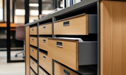 Wooden drawers, gray metal frames, office storage.