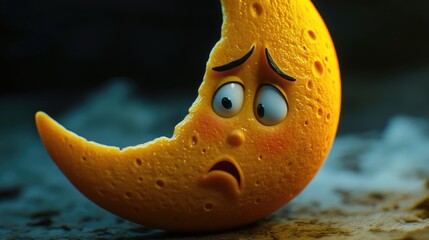 A single orange with a cartoonish expression of sadness, great for adding humor to any design