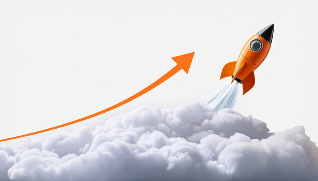 Orange rocket launching  white clouds on white background.