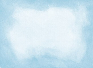 Watercolor light background with natural paper texture. Abstract watercolur blue pattern with blue splashes. Aquarelle painting with white copy space for banner design, greeting card in trendy style.