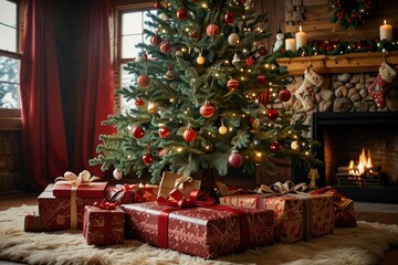 Christmas tree new year interior pine with gift decoration decor balls garlands