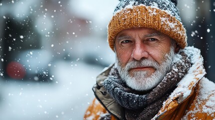 Fototapeta premium Elderly man in winter gear with snow-dusted beard and calm expression, standing amidst falling snow.