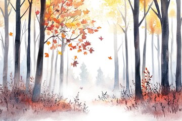 A serene watercolor depiction of a forest with lush trees and foliage