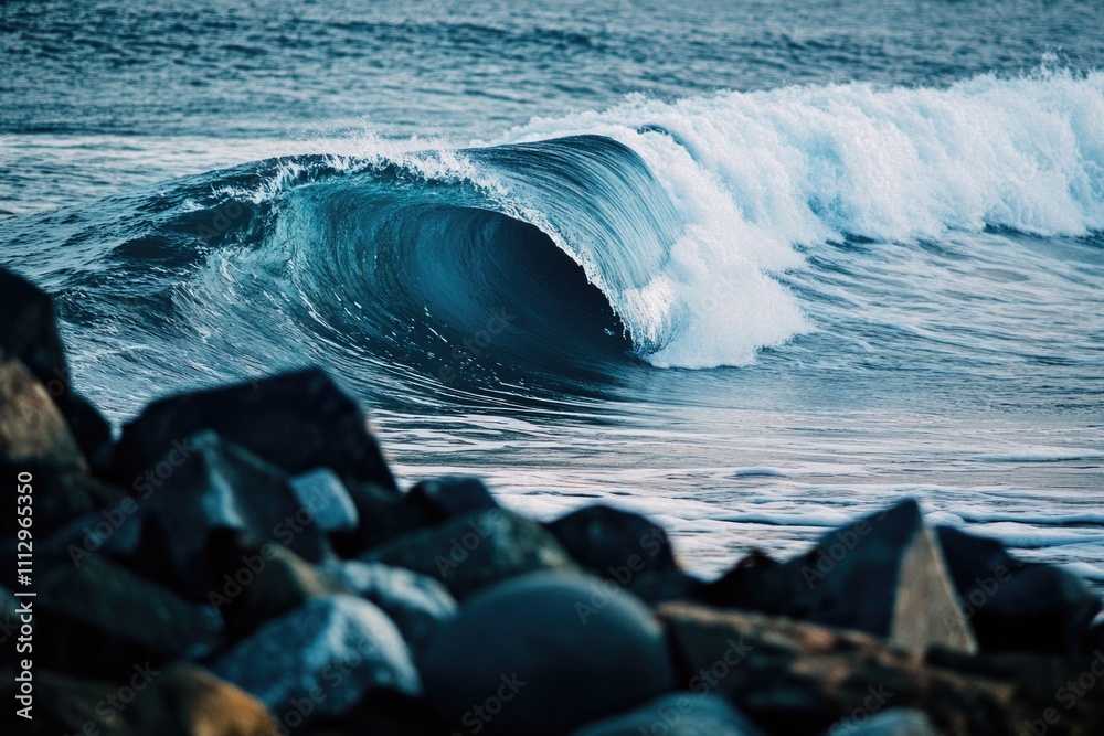 Poster powerful wave crashes on rocky shore, suitable for use as background or texture