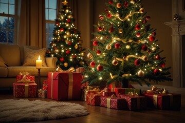 Christmas tree new year interior pine with gift decoration decor balls garlands