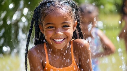 Obraz premium A joyful young girl with braided hair plays in a refreshing outdoor fountain, enjoying a sunny day and the fun of splashing water with friends nearby.