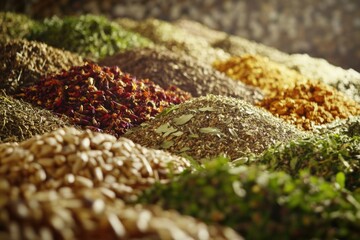 Various types of spices and herbs arranged together