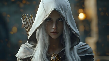 Portrait of a stunning exotic hooded fantasy elf female