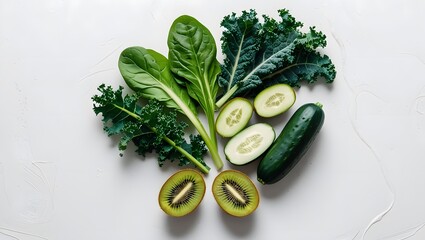 A top-down view of fresh spinach, kale, sliced cucumber, and halved kiwi on a white background. Vibrant and wholesome, the layout has ample space for text, perfect for health or smoothie recipes.