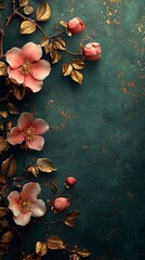 The background is a dark green, with golden borders and leaves on the right side. It has a minimalist style and an elegant design. The left half uses a dark blue as its main color tone, while the bott